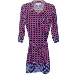 Donna Morgan Red and Blue Geometric pattern Tie Belt Button Neck Dress Size 14